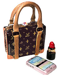 Limoges box designer logo purse with lipstick and smart phone