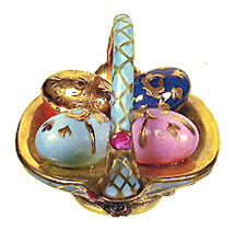 Aqua and gold Limoges box basket with four painted Easter eggs