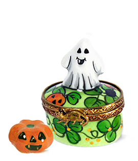 mini ghost on colorful round Limoges box with jack o lanten