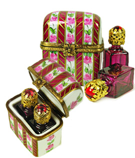 Limoges box perfume case red stripes and flowers with two bottles