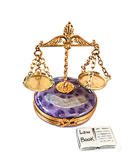 Limoges box scales of justice on round base with law book inside