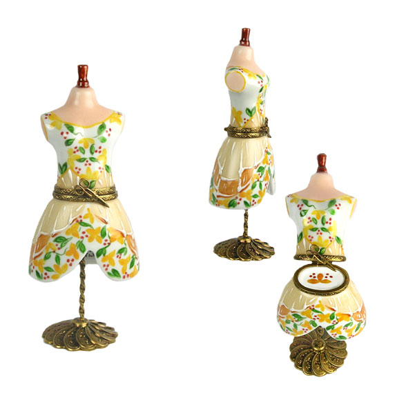 dress form Limoges box with yellow print dress