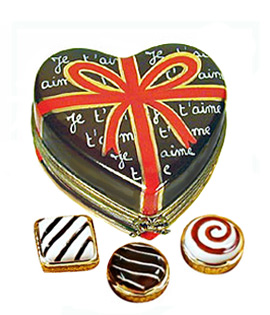 Chocolate heart Je'taime candy Limoges box with removable candies