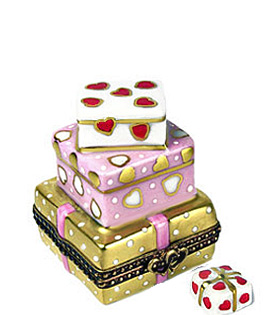 stack of valentine gifts and removable gift Limoges box