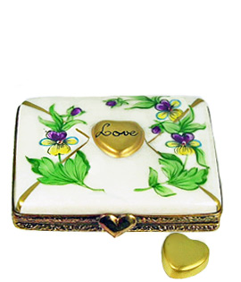 Limoges box letter with pansies and gold heart