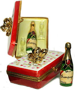 valentine champagne case Limoges box with gold bow, bottle and glasses
