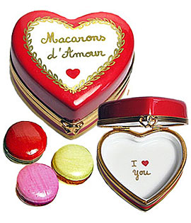 Limoges box macarons in heart shaped pastry box