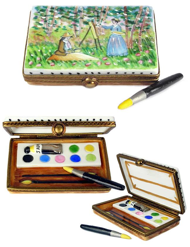 Limoges box monet paint case with brush and reproduction painting on front