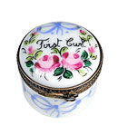 first curl Limoges box with roses and blue bows