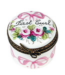 first curl Limoges box with pink roses and bows