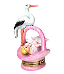 stork on pink basket with baby Limoges box