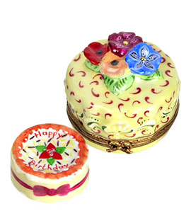 Limoges box birhday cake, yellow frosting with small cake inside