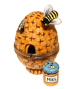 Limoges box beehive with bees and honey jar