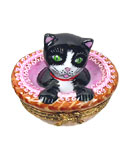 black and white cat in basket Limoges box