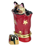 Siamese cat in festive bag with gift Limoges box