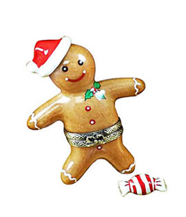 Limoges box Rochard gingerbread man with Santa Cap and mnit