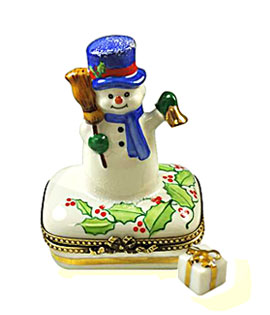 Limoges box snowman ringing bell with gift