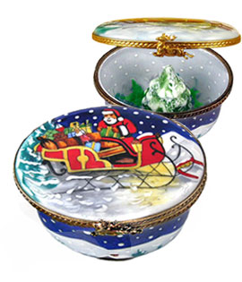 oval santa in sleigh with Christmas tree Limoges box - rochard