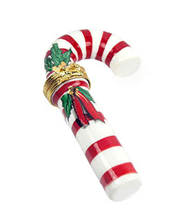 Limoges box candy cane with holly and ribbon