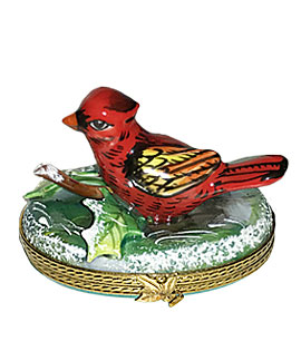 Cardinal in the snow with holly and inside winter painting