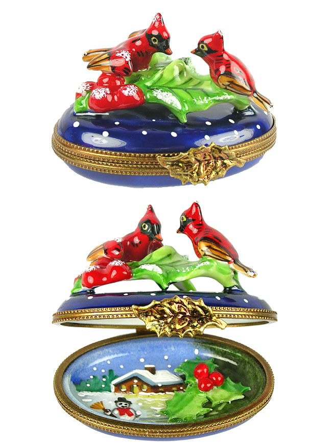 Limoges box cardinals on blue - top picture