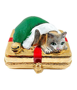cat curled in green santa cap lmoges box