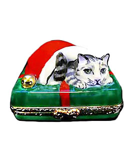 cat nestled in Santa's cap