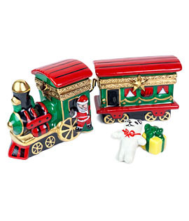two part Christmas train with teddy and present Limoges box