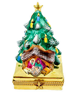 Christmas tree with nativity on gold base limoges box