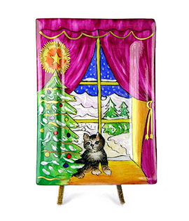 Cat sitting in Christmas window Limoges box with stand