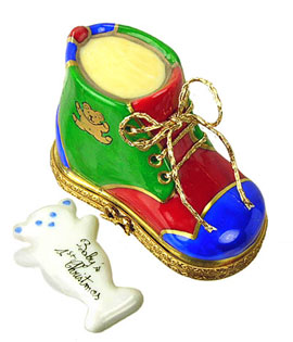 first Christmas Limoges box baby shoe with bear plaque
