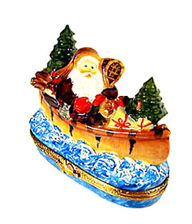 Lynn Haney Limoges box Winter Crossing Santa in Canoe from Artoria