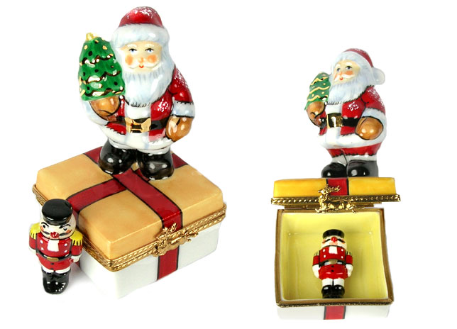Limoges box Santa on Gift with nutcracker inside