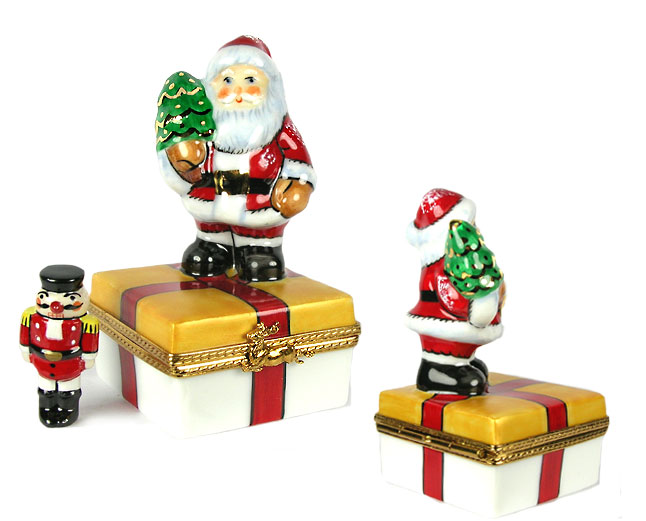 Limoges box Santa on Gift with nutcracker inside