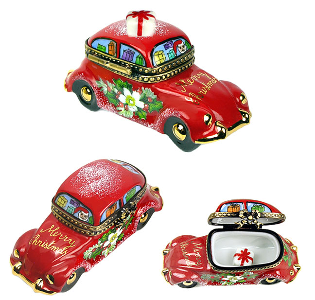 Santa in red VW with gifts Limoges box bottom picture