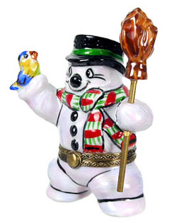 Snowman with Bird and Broom Limoges Box