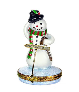 Limoges box snowman at North Pole sign