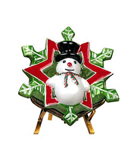 Limoges box snowan in snowflake on stand