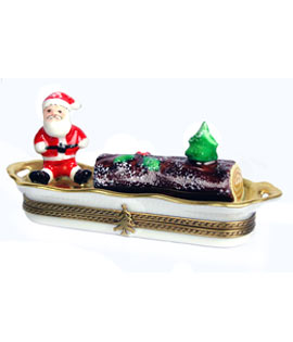 yule log dessert Limoges box with Santa and tree