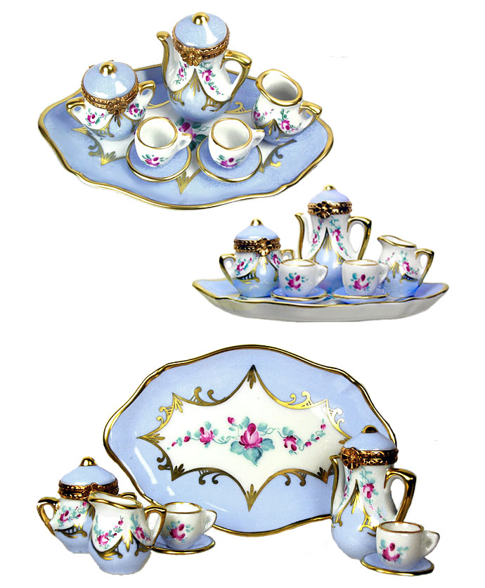 blue teaset with two limoges boxes