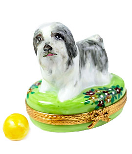 grey and white shih-tzu dog Limoges box with ball