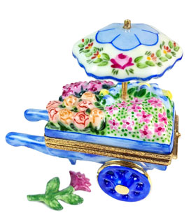 blue flower cart with umbtella and porcelain flower limoges box