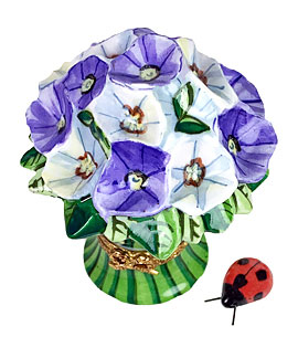 purple and white flowers with lady bug Limoges box