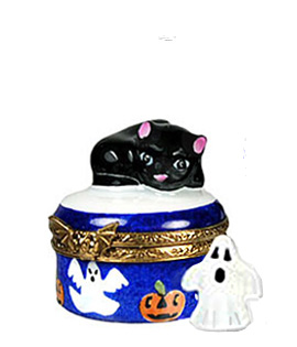 black kitten on round Limoges box with ghost inside