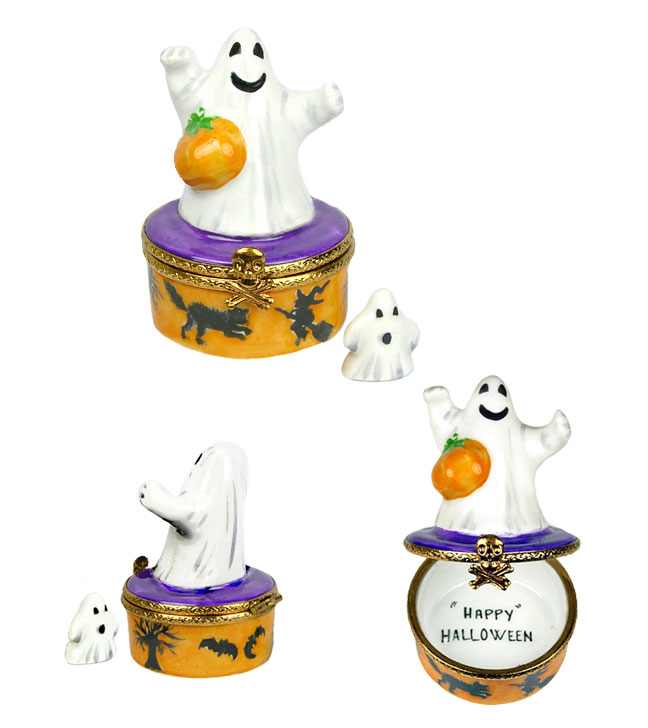 Limoges box ghost with mini ghost on Halloween decor