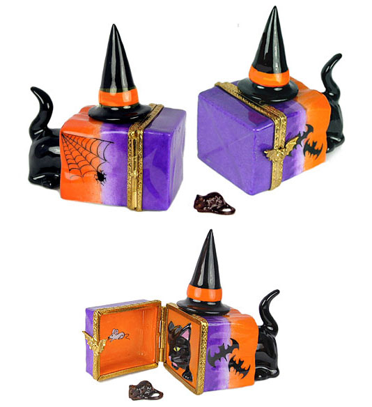 Limoges box cat hunting mouse in Hallowen Sack