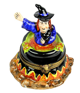 witch in boiling cauldron Limoges box with frog inside