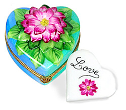 limoges box blue and green heart with pink flower and inside heart