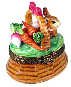 Rochard Limoges box brown bunny in vegetaqble basket