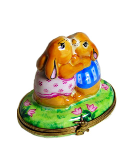 Limoges box rabbits hugging in spring outfits